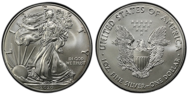 2020 American Silver Eagle dollar coin obverse and reverse showing Walking Liberty and Heraldic Eagle designs