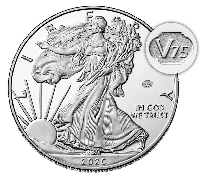 2020-W V75 Privy Mark Proof Silver Eagle close-up showing the V75 privy mark on the reverse commemorating the 75th anniversary of World War II end