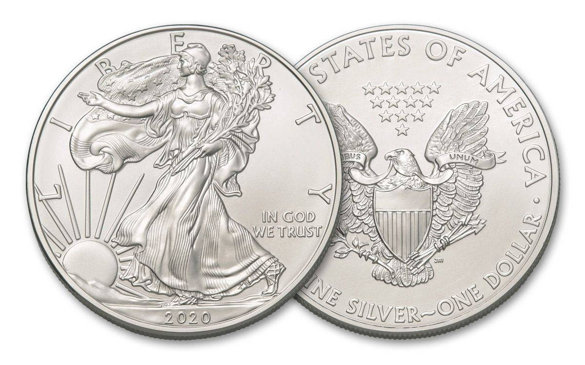 Grading strip showing four 2020 American Silver Eagle condition tiers from MS68 through MS70 and PF70 DCAM with labeled examples